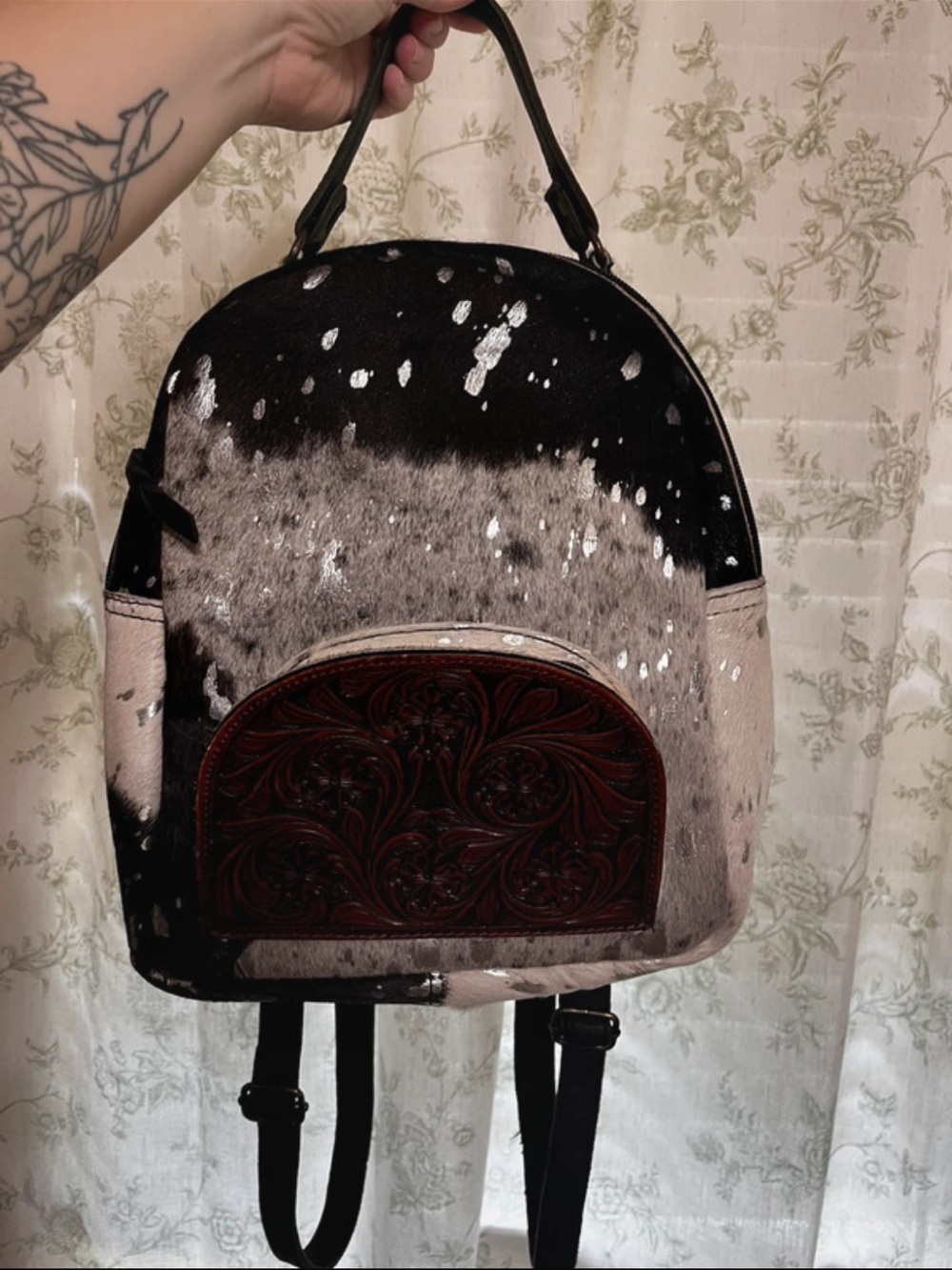 American Darling Black & White Speckled Backpack with Brown Tooled Pocket